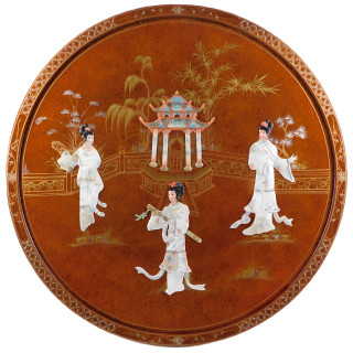  Round Oriental Wall Panel Inlaid Mother Of Pearl in French Brown lacquer