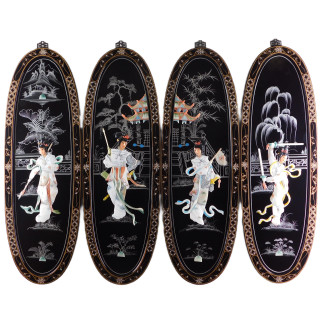 Black Lacquer Art Panels Inlaid Mother Of Pearl Set of Four