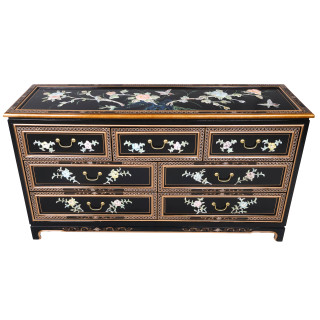 Oriental  Black Dresser With Seven Drawers Bird and Flower