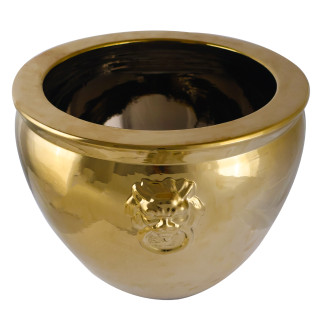 Asian Gold Cachepot Planter with Lion Handles for Home and Garden 14 Inch Wide