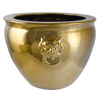 Large Shiny Gold Asian Porcelain Planter with Lion Handles