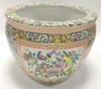 Floral Asian Design Cachepot Planter with Rose Medallion Painting 10" Wide