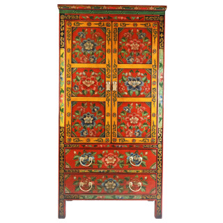  Tibetan Chest Painted Floral Scholar Cabinet