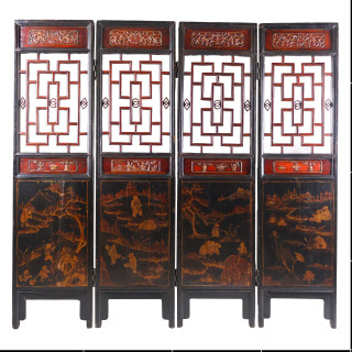 Antique Chinese Carved Painted Lacquer Screen