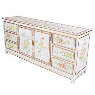 White Floral Painted Dresser with Doors and Drawers