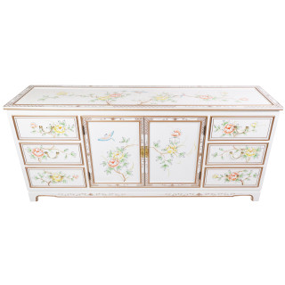 White Floral Painted Dresser with Doors and Drawers