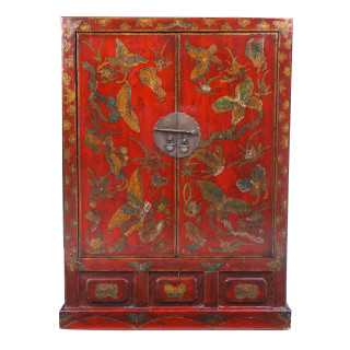 Antique Chinese Chest in Cinnabar Red with Butterfly Painting