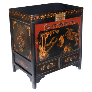 Hand Carved Chinese Dowery Chest with Painted Black and Red Lacquer