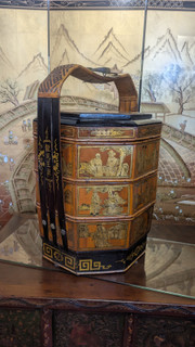 Chinese Stacking Wedding Box Golden Pine and Black Lacquer Handpainted