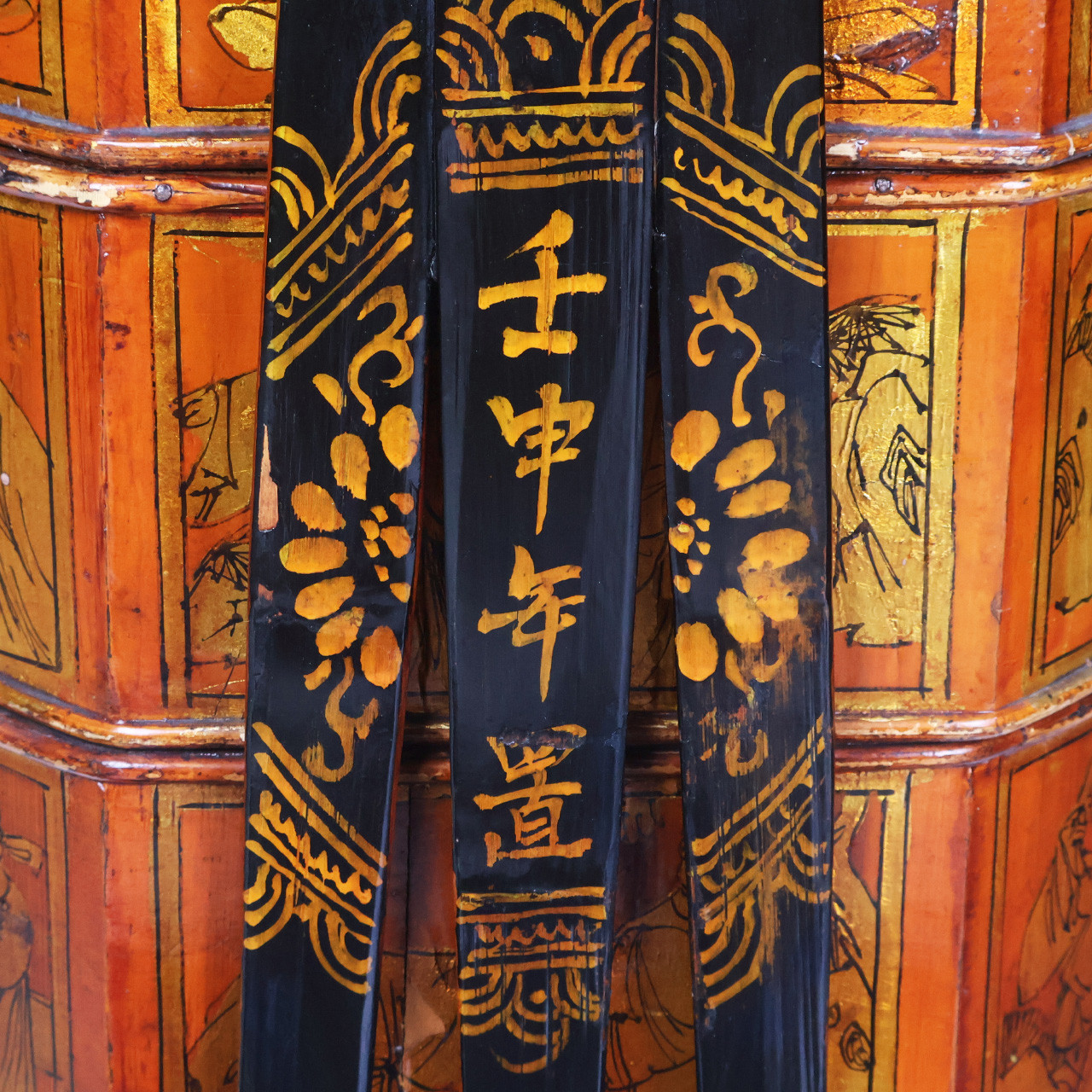Chinese Stacking Wedding Box Golden Pine and Black Lacquer Handpainted