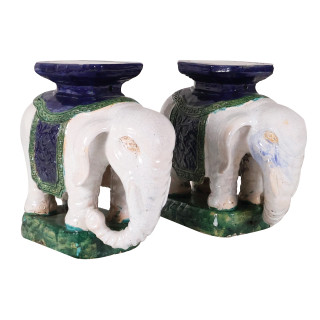 Asian Ceramic Tables Vintage Pair of Two Elephants