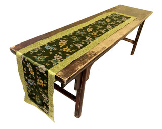 Table Runner Green Silk and Colorful Embroidered Flowers