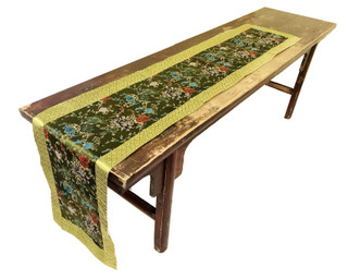 Silk Table Runner Olive Green and Colorful Embroidered Peony