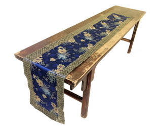 Asian Table Runner Blue Silk and Colorful Peony Flowers