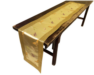 Oriental Silk Table Runner Golden Silk and Colorful Butterfly