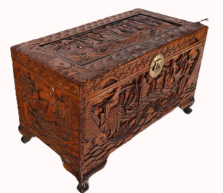  Carved Camphorwood Chest with Oriental Fish and Harbor