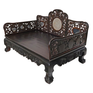 Chinese Vintage Daybed Inlaid Yunnan Marble Hand Carved Persimmons