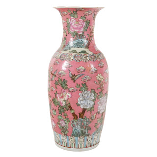 Large Antique Chinese Handmade Coral Floor Vase in Bird and Flower Design