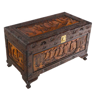 Asian Camphorwood Chest with Hand Carved Sailboats and Landscape