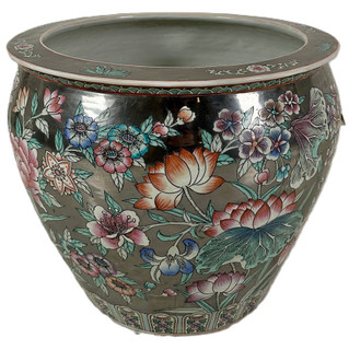 Porcelain Planter in Silver with Floral Hand Painting Large 18" Size