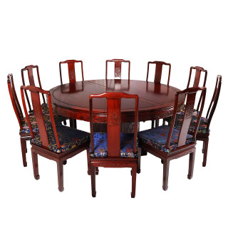 Round Asian Rosewood Dining Room Table with Bird and Flower Carving