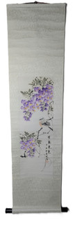 Chinese Floral Hanging Scroll Painting with Chinese Silk Borders 