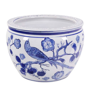 Planter Blue and White 12" Bird and Flower Porcelain 