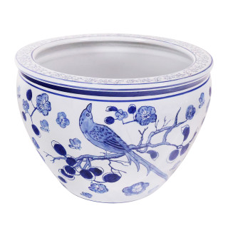 Planter in Blue and White Bird and Flower Design 14" Wide