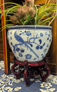 Planter Blue and White Bird and Flower 16" Size