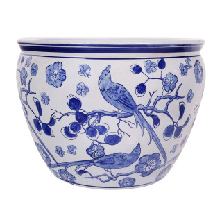 Asian Planter in Blue and White Bird and Flower Large 16" Size