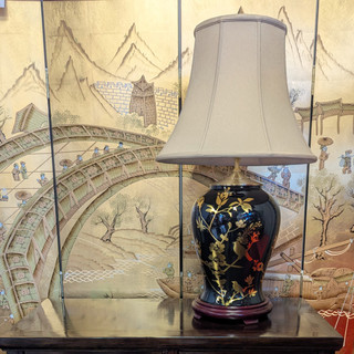 Black and Gold Asian Lamp With Floral Painting In Large Size