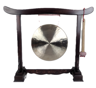 Chinese Gong with Carved Wooden Stand 