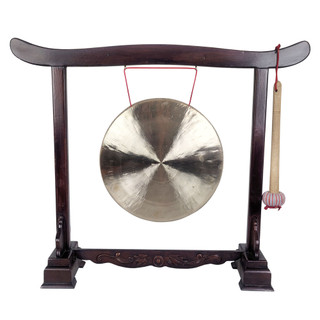 Chinese Gong with Carved Wooden Stand 