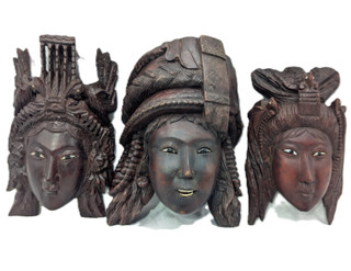 Collection of Three Vintage Chinese Carved Wooden Female Masks 9" High