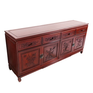 Hand Carved Bird and Flower Buffet Server with Ming Horse Hoof Legs