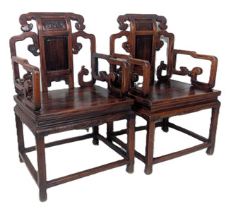 Chinese Antique Chairs In Set of Two Hand Carved Elmwood