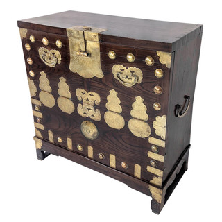 Solid Korean Blanket Chest with Butterfly Brass and Deep Wood Grain