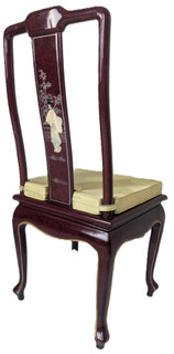 Oriental French Red Lacquer Side Chair with Mother of Pearl Lady Inlays and Silk Cushion.