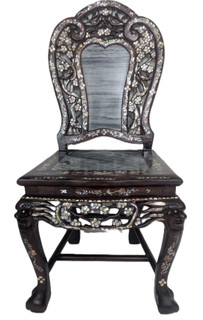 Carved Dragon Chair with Inlaid Blackwood Marble Seat Vintage Chinese