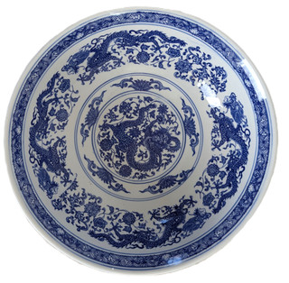 14" Chinese Blue and White Table Bowl In Dragon Floral Pattern