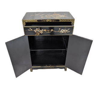 Oriental Shoe Cabinet Gold Hand Painted Bird and Flower Chinoiserie Cabinet