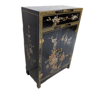 Oriental Shoe Cabinet Gold Hand Painted Bird and Flower Chinoiserie Cabinet