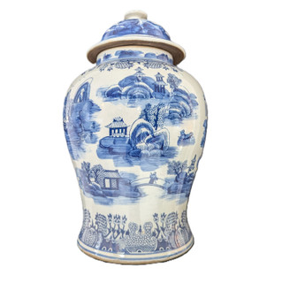 Large Blue and White Temple Jar with Asian Landscape Design