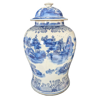 Large Blue and White Temple Jar with Asian Landscape Design