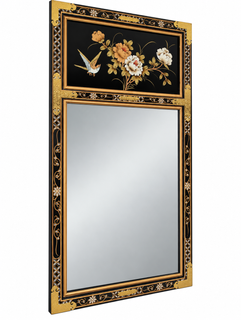 Chinese Floral Black Lacquer Mirror with Brass 