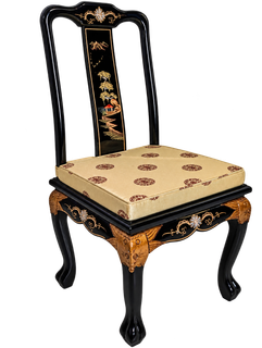 Oriental Landscape Painted Lacquer Side Chair with Carved Dragon Legs and Silk Cushion