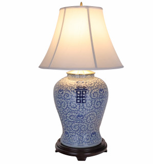 30"H. Hand Painted Blue and White Chinese Porcelain Lamp with 3 way switch, Fabric Shade and Wooden Stand