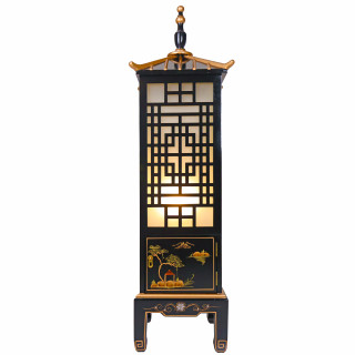 48"H Lacquered Wooden Chinese Pagoda Lamp Hand painted with Asian Landscape and Carved Lattice Grid