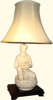 Lamp: Porcelain free standing chen blanc statue on rosewood stand