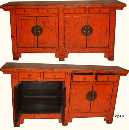 Chinese Red Cabinet, antique lacquer, solid carved elm wood